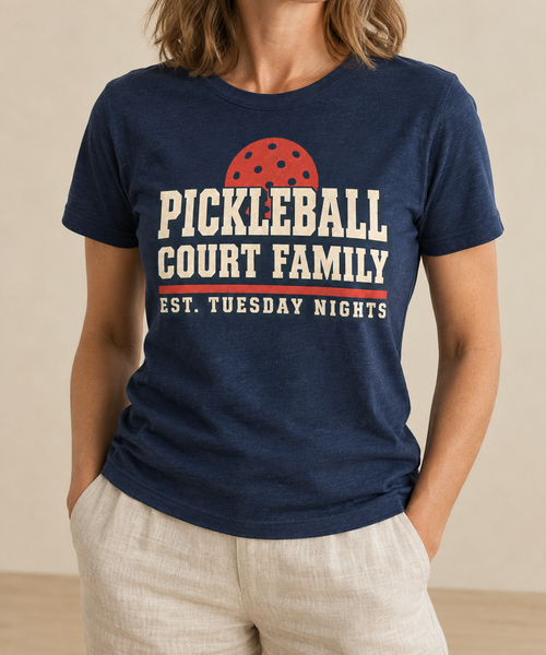 Navy Pickleball Court Family t-shirt with a retro cream and red print reading Est. Tuesday Nights