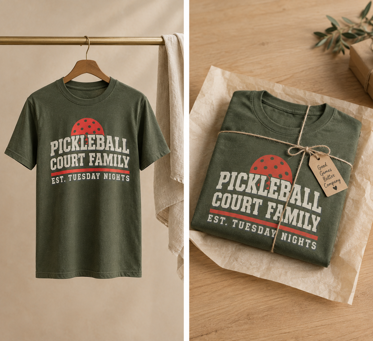 Forest green Court Family tee on a hanger and folded as a gift with a kraft tag